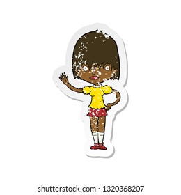 retro distressed sticker of a cartoon waving woman