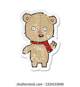 retro distressed sticker of a cartoon waving teddy bear with scarf