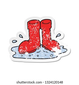 retro distressed sticker of a cartoon wellington boots in puddle