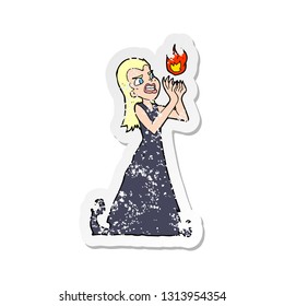 retro distressed sticker of a cartoon witch woman casting spell