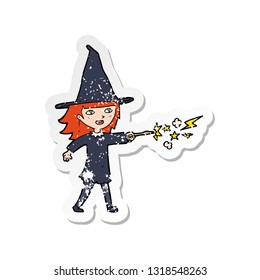 retro distressed sticker of a cartoon witch girl casting spell