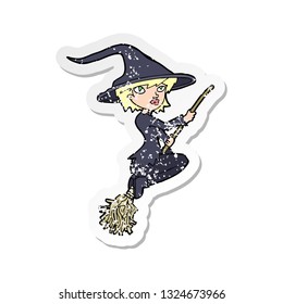 retro distressed sticker of a cartoon witch riding broomstick