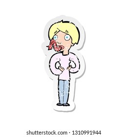 retro distressed sticker of a cartoon woman sticking out tongue