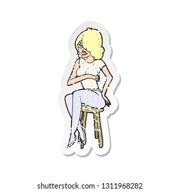retro distressed sticker of a cartoon woman sitting on bar stool