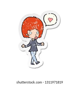 retro distressed sticker of a cartoon woman in love shrugging shoulders