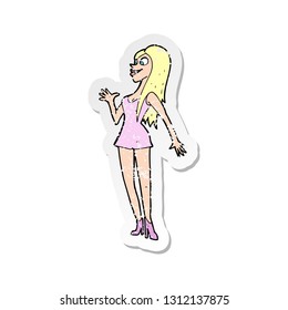 retro distressed sticker of a cartoon woman in pink dress