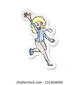 retro distressed sticker of a cartoon woman waving dressed for winter