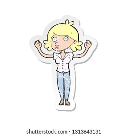 retro distressed sticker of a cartoon woman surrendering