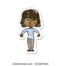 retro distressed sticker of a cartoon woman shrugging shoulders