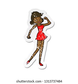 retro distressed sticker of a cartoon woman with can do attitude