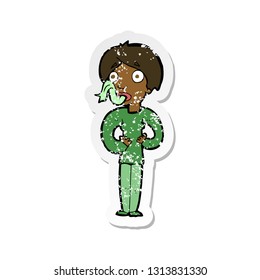 retro distressed sticker of a cartoon woman sticking out tongue