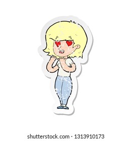 retro distressed sticker of a cartoon woman in love