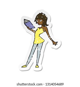 retro distressed sticker of a cartoon woman reading book
