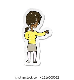 retro distressed sticker of a cartoon woman gesturing