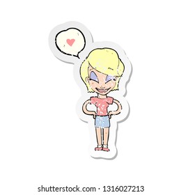 retro distressed sticker of a cartoon woman in love