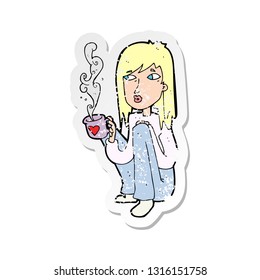 retro distressed sticker of a cartoon woman with cup of coffee
