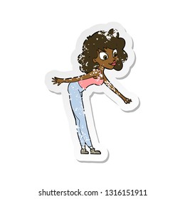 retro distressed sticker of a cartoon woman reaching to pick something up