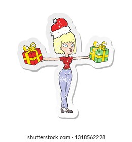 retro distressed sticker of a cartoon woman with xmas presents