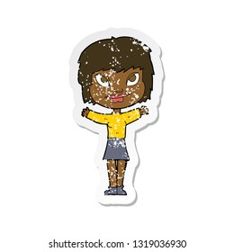 retro distressed sticker of a cartoon woman waving arms