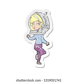 retro distressed sticker of a cartoon woman wearing space helmet