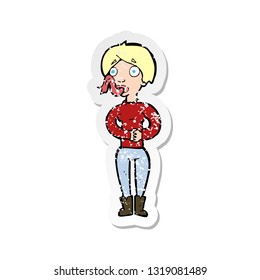 retro distressed sticker of a cartoon woman with snake tongue