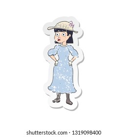 retro distressed sticker of a cartoon woman in sensible dress