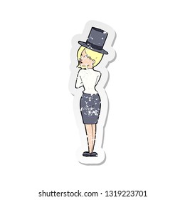 retro distressed sticker of a cartoon woman in top hat