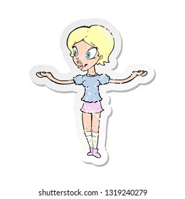 retro distressed sticker of a cartoon woman with arms spread wide