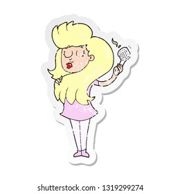 retro distressed sticker of a cartoon woman brushing hair