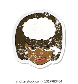 retro distressed sticker of a cartoon woman thinking