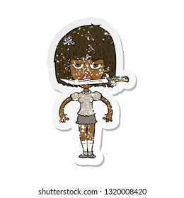 retro distressed sticker of a cartoon woman with knife between teeth