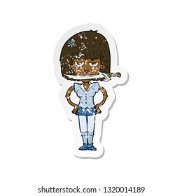 retro distressed sticker of a cartoon woman with knife between teeth
