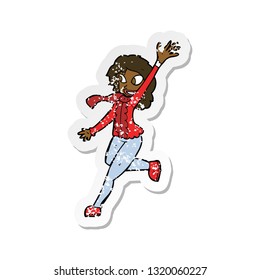retro distressed sticker of a cartoon woman waving dressed for winter