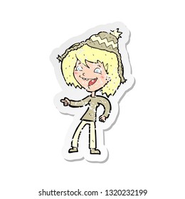 retro distressed sticker of a cartoon woman wearing hat