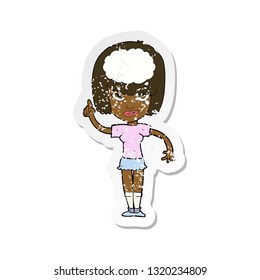 retro distressed sticker of a cartoon woman with idea