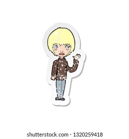 retro distressed sticker of a cartoon woman waving