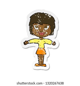 retro distressed sticker of a cartoon woman with open amrs
