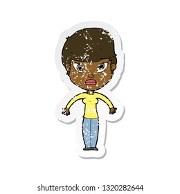 retro distressed sticker of a cartoon woman shrugging shoulders