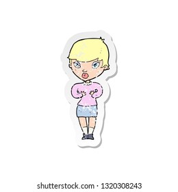retro distressed sticker of a cartoon woman gesturing at self