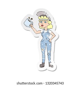 retro distressed sticker of a cartoon woman in dungarees