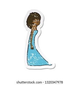 retro distressed sticker of a cartoon woman pulling photo face