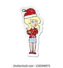 retro distressed sticker of a cartoon woman ready for christmas