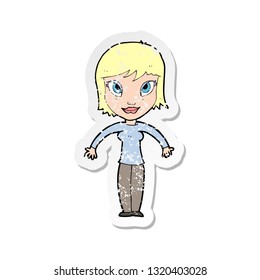 retro distressed sticker of a cartoon woman shrugging shoulders