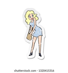 retro distressed sticker of a cartoon woman looking in handbag