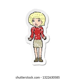 retro distressed sticker of a cartoon woman shrugging shoulders