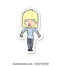 retro distressed sticker of a cartoon woman shrugging