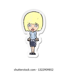 retro distressed sticker of a cartoon woman shrugging shoulders