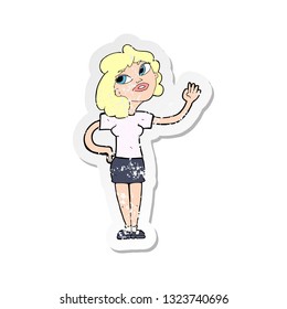 retro distressed sticker of a cartoon woman waving 