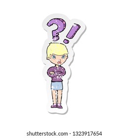 retro distressed sticker of a cartoon woman asking question