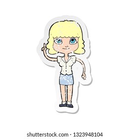 retro distressed sticker of a cartoon woman with idea